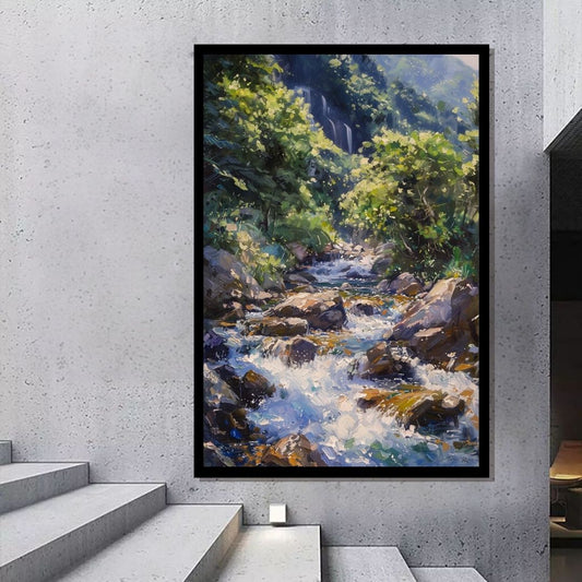 “Mountain Melody” by ArtixHub – nature-inspired canvas wall art featuring a tranquil river, lush greenery, and rocky peaks in soft earthy tones, ideal for bedrooms, reading nooks, or wellness spaces. This calming landscape brings natural serenity and grounding presence to UAE homes embracing peaceful, scenic decor.