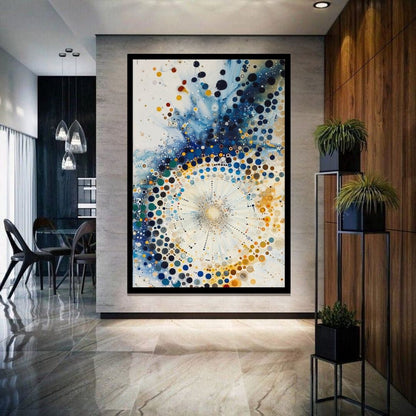 “Nebula Burst” by ArtixHub – abstract canvas wall art radiating circular energy in vibrant orange, deep navy, and white, evoking a cosmic explosion, ideal for game rooms, studios, or lounge spaces. This bold, energetic piece adds dynamic movement and futuristic flair to UAE homes that embrace space-inspired creativity.