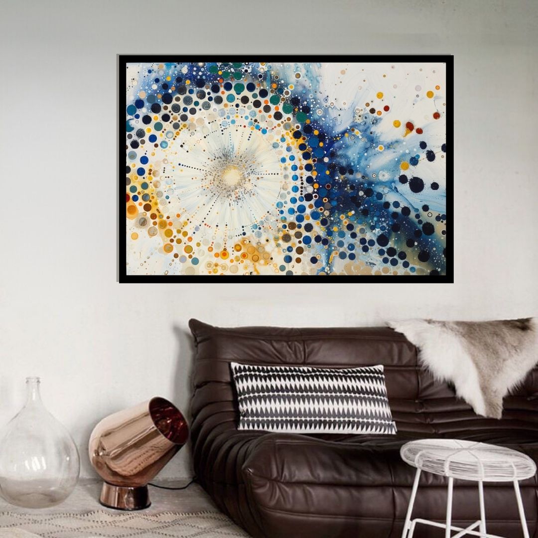 “Nebula Burst” by ArtixHub – abstract canvas wall art radiating circular energy in vibrant orange, deep navy, and white, evoking a cosmic explosion, ideal for game rooms, studios, or lounge spaces. This bold, energetic piece adds dynamic movement and futuristic flair to UAE homes that embrace space-inspired creativity.