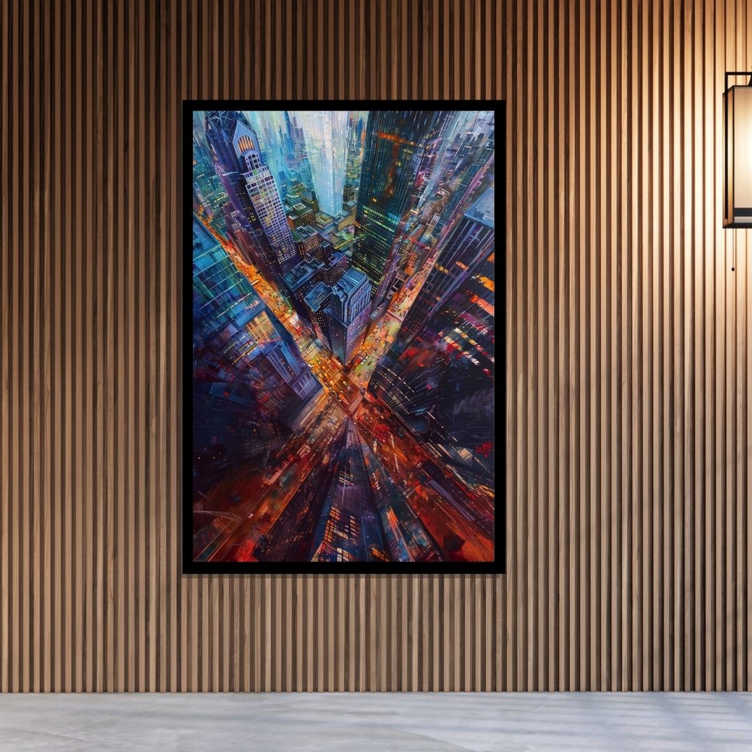“Neon Heights” by ArtixHub – pop art canvas wall art capturing a bustling urban street with colorful lights, cars, and towering buildings in electric pinks, yellows, and purples, ideal for game rooms, studios, or modern living rooms. This energetic piece brings metropolitan life and vibrant movement to UAE homes with a love for bold city visuals.