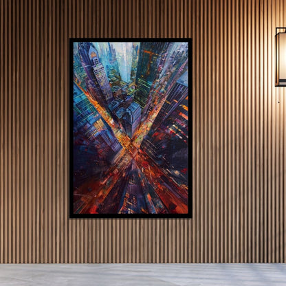 “Neon Heights” by ArtixHub – pop art canvas wall art capturing a bustling urban street with colorful lights, cars, and towering buildings in electric pinks, yellows, and purples, ideal for game rooms, studios, or modern living rooms. This energetic piece brings metropolitan life and vibrant movement to UAE homes with a love for bold city visuals.
