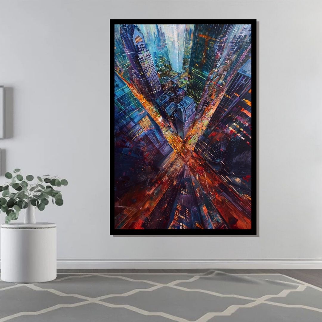 “Neon Heights” by ArtixHub – pop art canvas wall art capturing a bustling urban street with colorful lights, cars, and towering buildings in electric pinks, yellows, and purples, ideal for game rooms, studios, or modern living rooms. This energetic piece brings metropolitan life and vibrant movement to UAE homes with a love for bold city visuals.