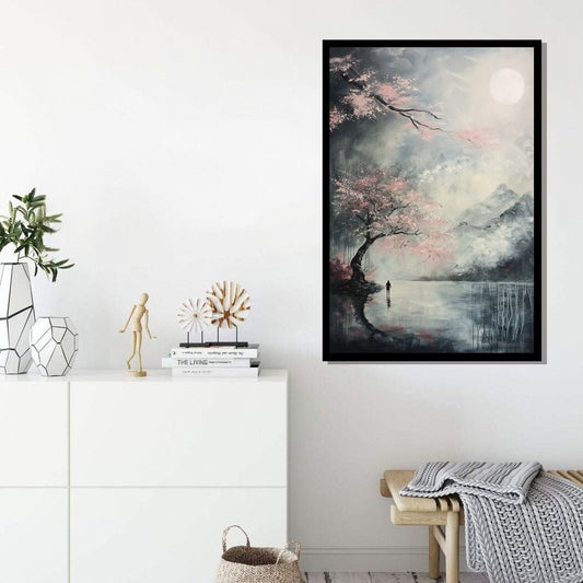 “Nocturnal Petals” by ArtixHub – landscape canvas wall art portraying a dreamy riverside scene with cherry blossoms, water reflections, and misty mountains in soft pinks and dusk blues, ideal for bedrooms, wellness areas, or lounge spaces. A tranquil and poetic composition perfect for UAE homes that embrace peaceful natural beauty with an Eastern flair.