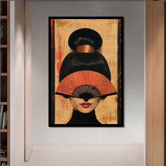 “Noir Reflection” by ArtixHub – figurative canvas wall art featuring a mysterious female figure behind a traditional hand fan, rendered in soft tones of beige, black, and pale pink, ideal for dressing rooms, bedrooms, or wellness spaces. This elegant piece blends cultural mystique with modern refinement, perfect for UAE homes with artistic, fashion-forward interiors.