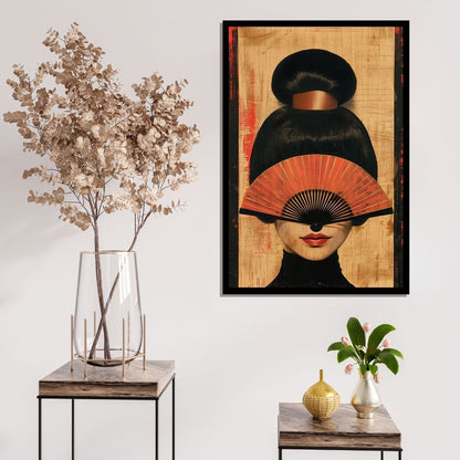 “Noir Reflection” by ArtixHub – figurative canvas wall art featuring a mysterious female figure behind a traditional hand fan, rendered in soft tones of beige, black, and pale pink, ideal for dressing rooms, bedrooms, or wellness spaces. This elegant piece blends cultural mystique with modern refinement, perfect for UAE homes with artistic, fashion-forward interiors.