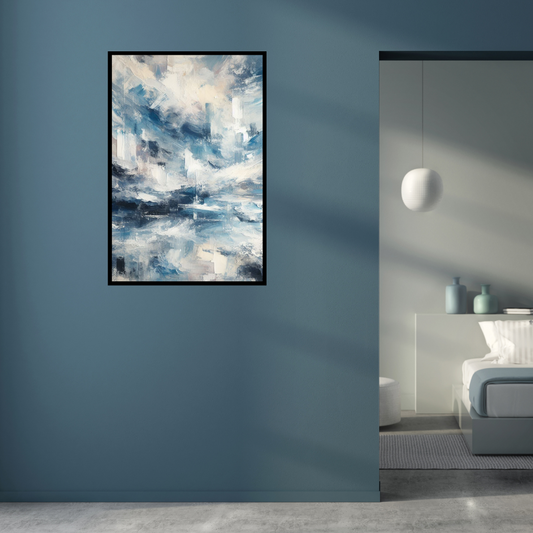 “Ocean Shades” by ArtixHub – abstract canvas wall art with fluid ocean-inspired movement in layered blues, whites, and soft sandy tones, ideal for bathrooms, bedrooms, or wellness spaces. This soothing coastal piece brings flow and clarity to UAE homes with light, nature-driven interiors.