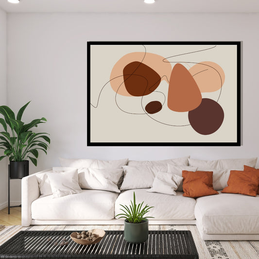 “Ochra” by Clara Moret – abstract minimalist wall art with overlapping warm brown, terracotta, and peach shapes outlined by fine black lines on a light background.