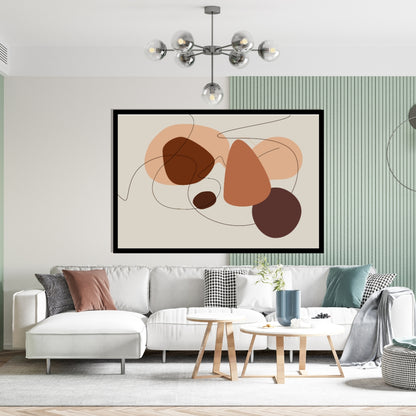 “Ochra” by Clara Moret – abstract minimalist wall art with overlapping warm brown, terracotta, and peach shapes outlined by fine black lines on a light background.