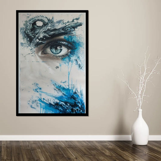 “Ocular Oracle” by ArtixHub – surreal canvas wall art featuring an intense dragon-like eye in striking blue and silver tones, surrounded by cosmic detail and sharp brushwork, ideal for studios, game rooms, or bold modern offices. A captivating focal piece perfect for UAE homes that embrace fantasy, mystery, and statement design.