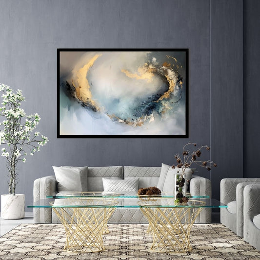 “Orbital Grace” by ArtixHub – abstract canvas wall art with fluid circular motion in white, gold, and blue-gray hues, ideal for wellness spaces, living rooms, or studios. This elegant piece channels cosmic rhythm and gentle movement, making it a refined choice for UAE homes with a modern, meditative aesthetic.