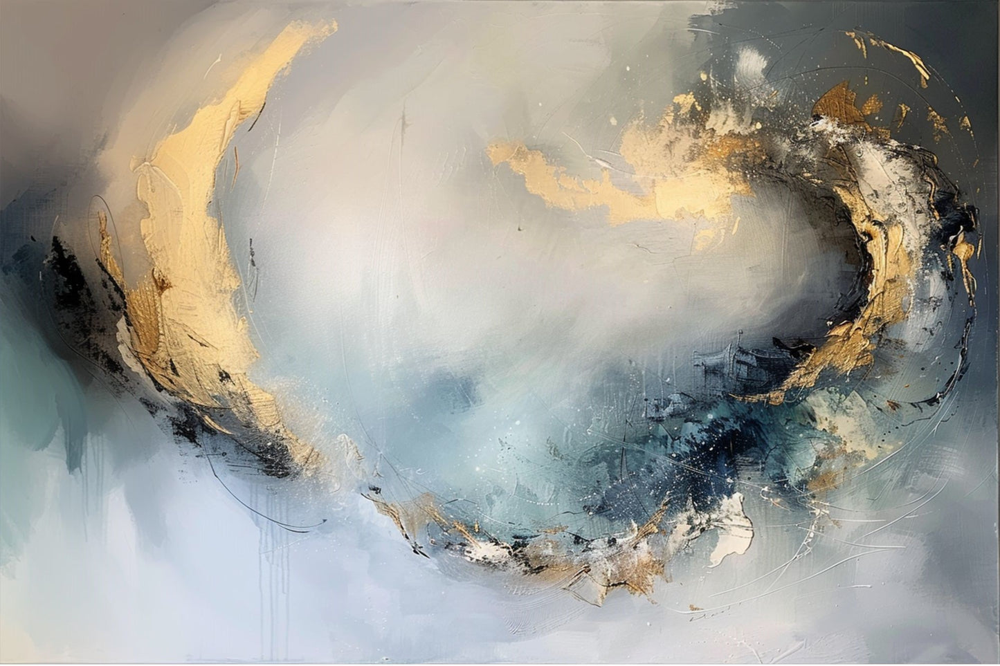 “Orbital Grace” by ArtixHub – abstract canvas wall art with fluid circular motion in white, gold, and blue-gray hues, ideal for wellness spaces, living rooms, or studios. This elegant piece channels cosmic rhythm and gentle movement, making it a refined choice for UAE homes with a modern, meditative aesthetic.
