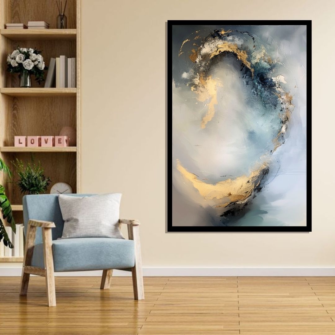 “Orbital Grace” by ArtixHub – abstract canvas wall art with fluid circular motion in white, gold, and blue-gray hues, ideal for wellness spaces, living rooms, or studios. This elegant piece channels cosmic rhythm and gentle movement, making it a refined choice for UAE homes with a modern, meditative aesthetic.