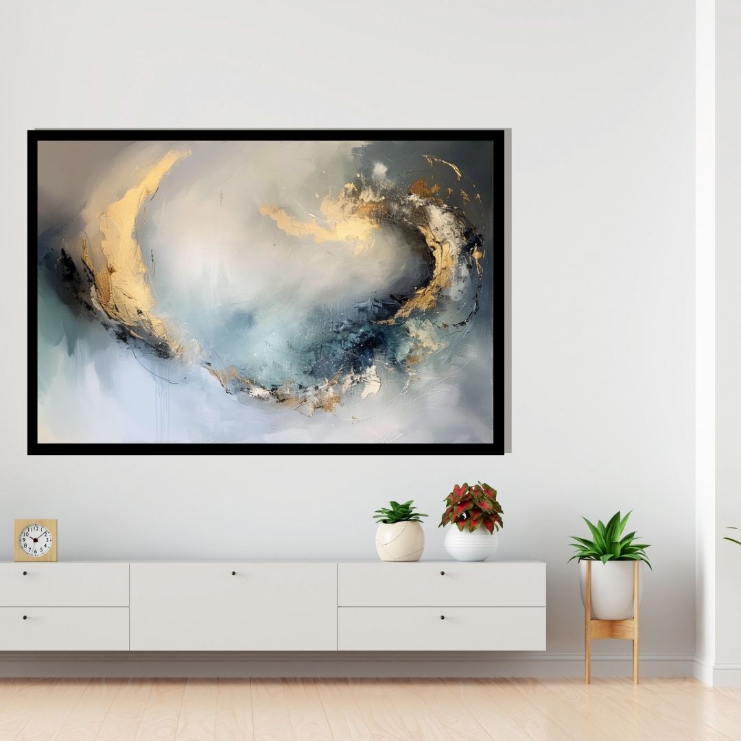 “Orbital Grace” by ArtixHub – abstract canvas wall art with fluid circular motion in white, gold, and blue-gray hues, ideal for wellness spaces, living rooms, or studios. This elegant piece channels cosmic rhythm and gentle movement, making it a refined choice for UAE homes with a modern, meditative aesthetic.