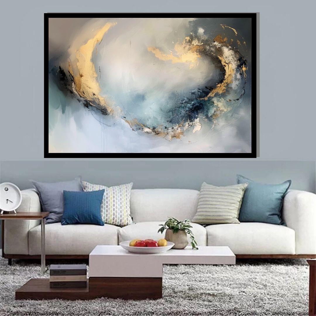 “Orbital Grace” by ArtixHub – abstract canvas wall art with fluid circular motion in white, gold, and blue-gray hues, ideal for wellness spaces, living rooms, or studios. This elegant piece channels cosmic rhythm and gentle movement, making it a refined choice for UAE homes with a modern, meditative aesthetic.