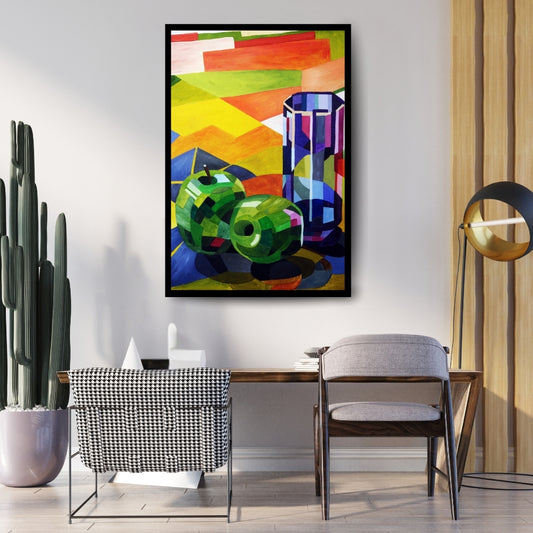 Colorful abstract still life with apples and a vase on a geometric Cubist still life painting with apples and glass inspired by Cézanne, reinterpreted by Mira Ayyash. 