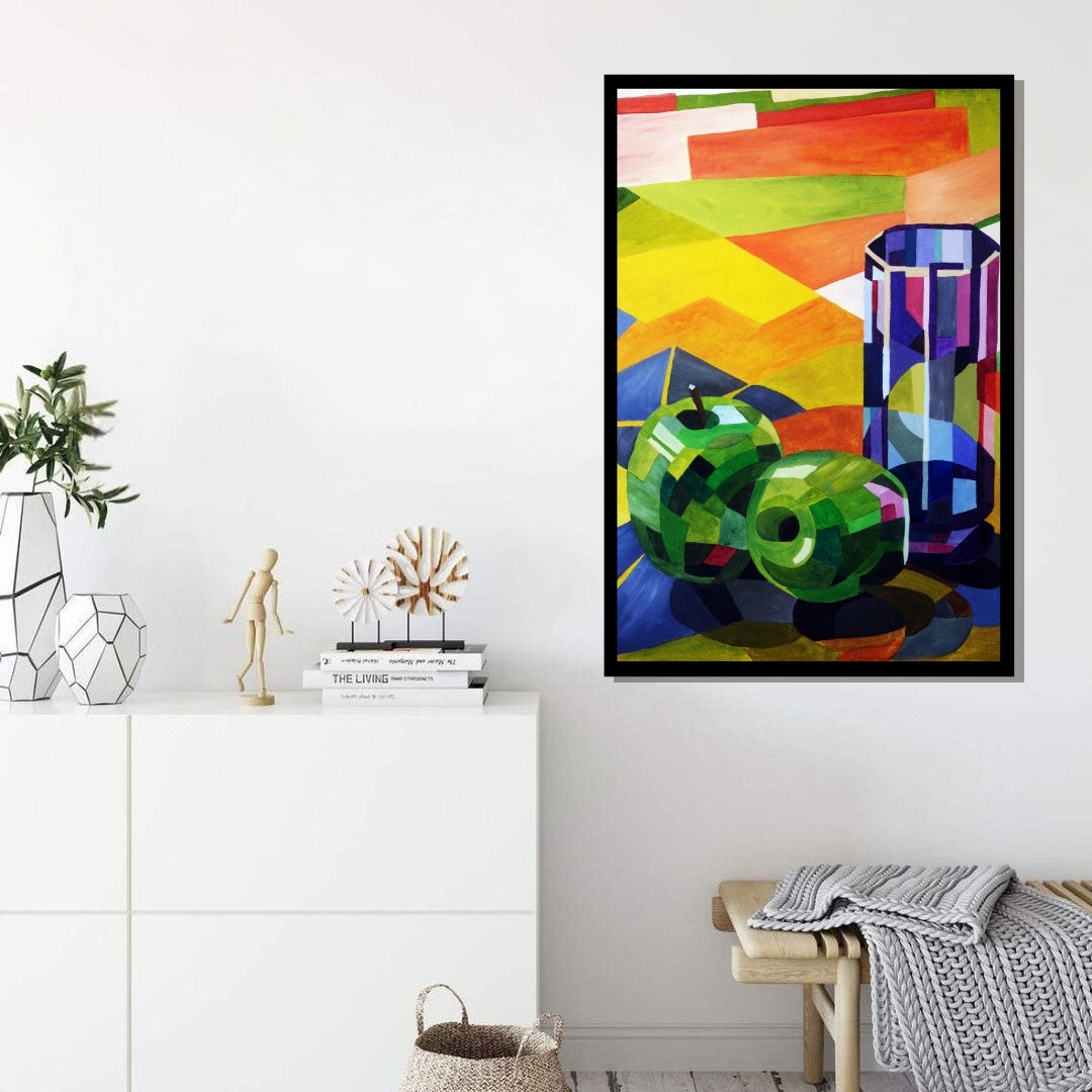 Colorful abstract still life with apples and a vase on a geometric Cubist still life painting with apples and glass inspired by Cézanne, reinterpreted by Mira Ayyash. 