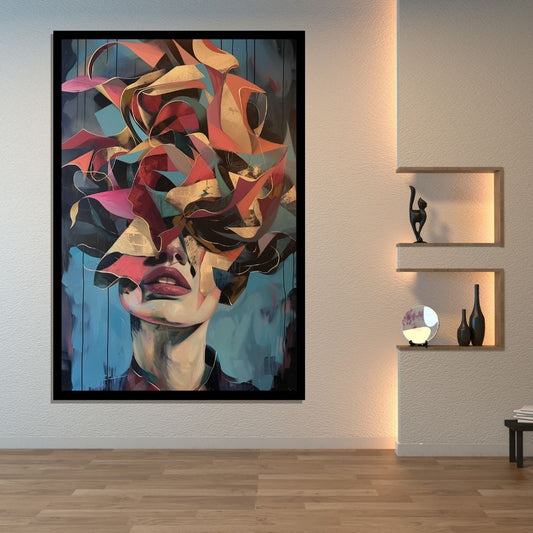 “Pieces of Persona” by ArtixHub – figurative canvas wall art depicting a woman fragmented by flowing ribbons in bold red, pink, and white hues, ideal for dressing rooms, studios, or bedroom spaces. This expressive piece captures movement, identity, and transformation, perfect for UAE homes with artistic and fashion-forward interiors.