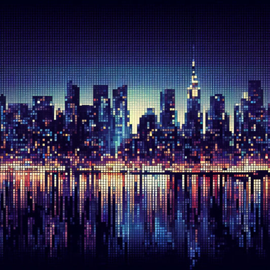 “Pixel Skylines” by ArtixHub – pop art canvas wall art featuring a stylized digital city skyline in bold tones of red, yellow, and navy with pixelated design elements, ideal for game rooms, studios, or modern lounge areas. This playful and tech-inspired piece adds vibrant urban edge to UAE homes with a creative spirit.