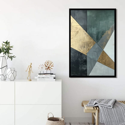 “Post Victory” by Xennoir – abstract geometric painting in gold, green, and grey, symbolizing the calm aftermath of triumph and emotional reflection.