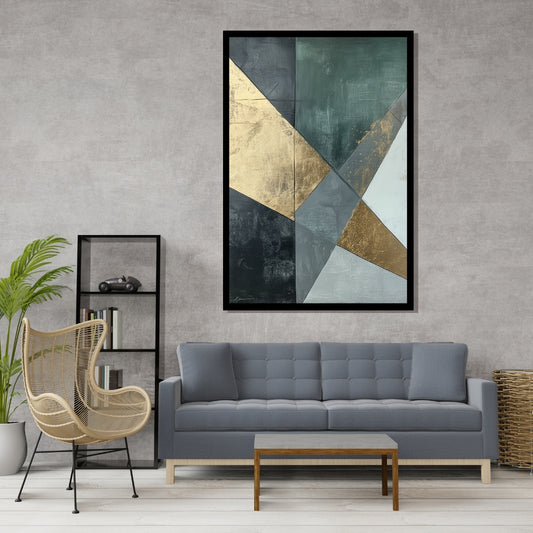 “Post Victory” by Xennoir – abstract geometric painting in gold, green, and grey, symbolizing the calm aftermath of triumph and emotional reflection.