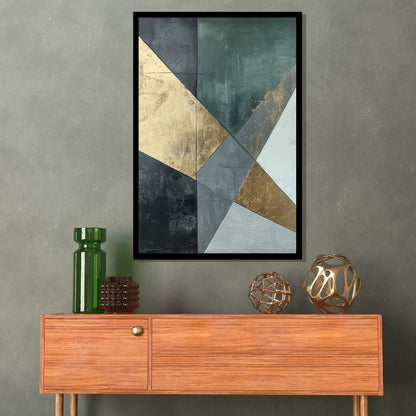 “Post Victory” by Xennoir – abstract geometric painting in gold, green, and grey, symbolizing the calm aftermath of triumph and emotional reflection.