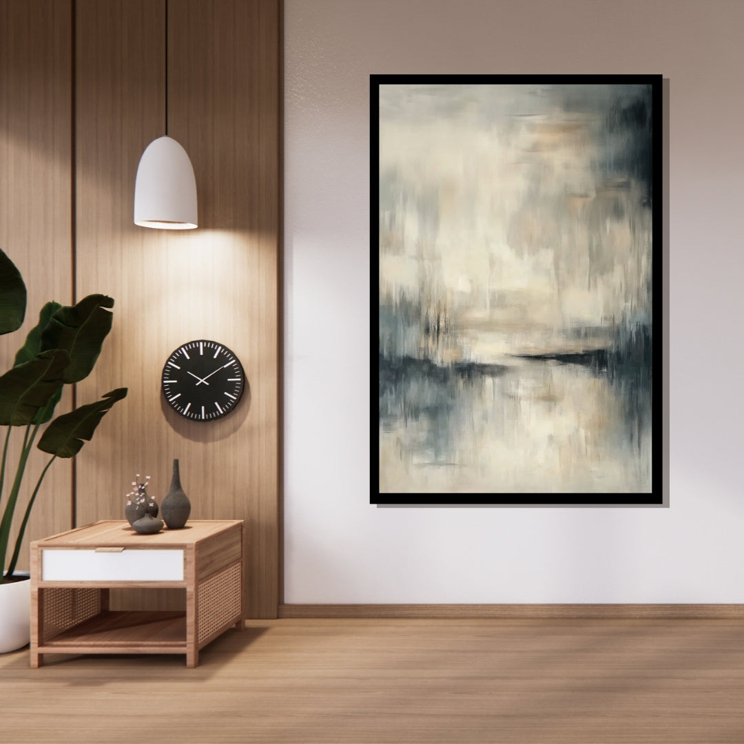 “Quietude” by Sarah Lemaire – abstract minimalist painting in beige, cream, and grey tones evoking a misty riverside landscape in peaceful stillness.