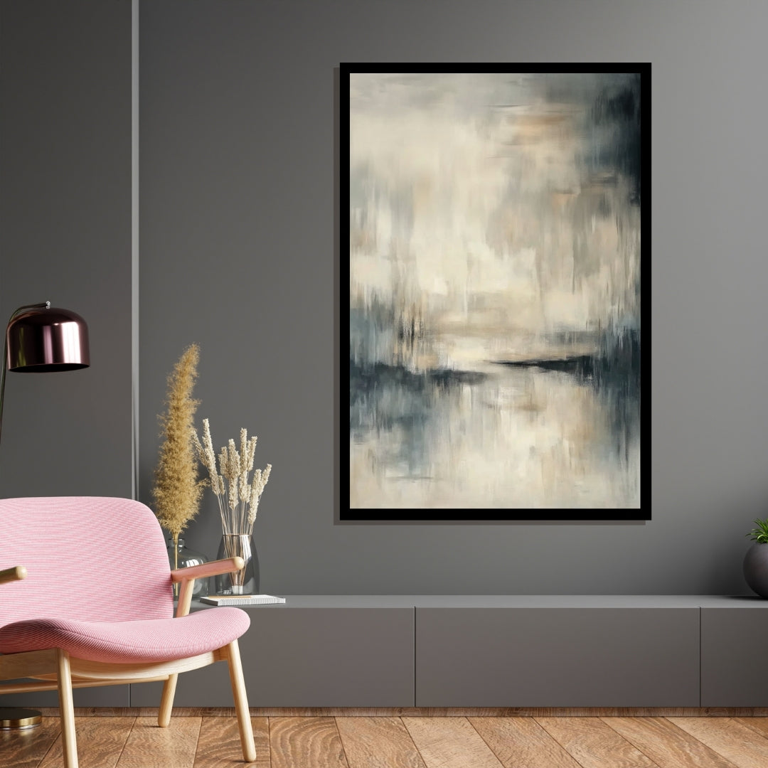 “Quietude” by Sarah Lemaire – abstract minimalist painting in beige, cream, and grey tones evoking a misty riverside landscape in peaceful stillness.