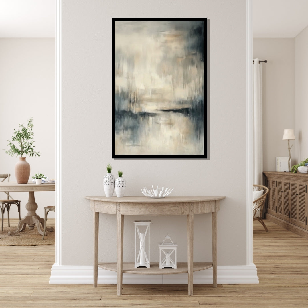 “Quietude” by Sarah Lemaire – abstract minimalist painting in beige, cream, and grey tones evoking a misty riverside landscape in peaceful stillness.