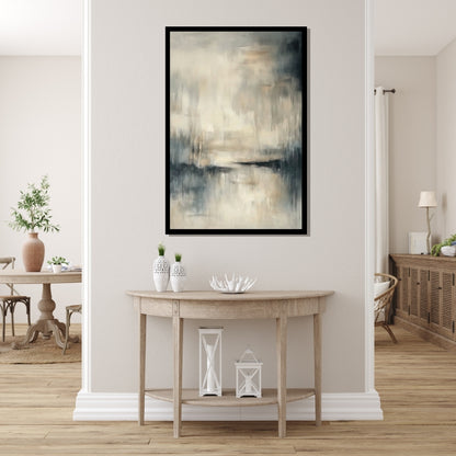 “Quietude” by Sarah Lemaire – abstract minimalist painting in beige, cream, and grey tones evoking a misty riverside landscape in peaceful stillness.