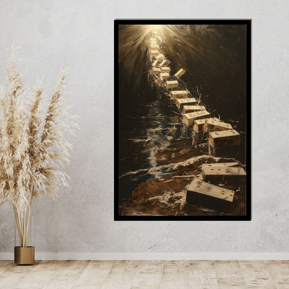 “Radiant Route” by ArtixHub – symbolic abstract canvas wall art featuring a glowing path ascending through narrow passageways in tones of white, beige, and muted gold, ideal for reading nooks, libraries, or wellness spaces. This introspective piece evokes inner journeys and enlightenment, perfect for UAE homes with reflective, serene interiors.