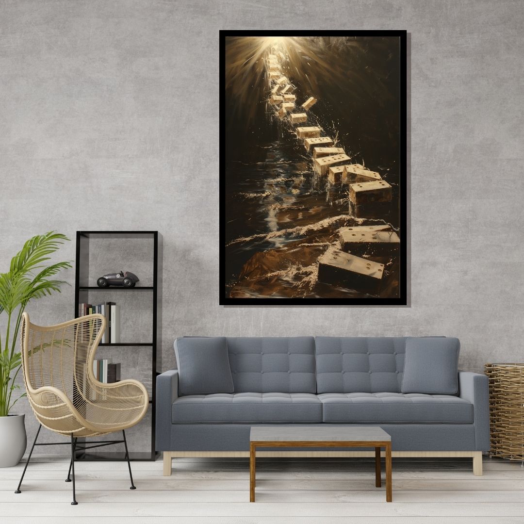 “Radiant Route” by ArtixHub – symbolic abstract canvas wall art featuring a glowing path ascending through narrow passageways in tones of white, beige, and muted gold, ideal for reading nooks, libraries, or wellness spaces. This introspective piece evokes inner journeys and enlightenment, perfect for UAE homes with reflective, serene interiors.