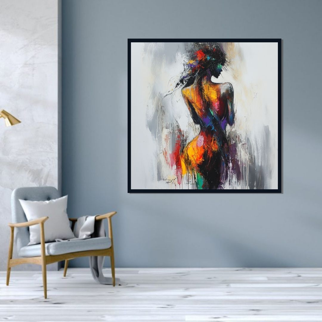“Rainbow Rhapsody” by ArtixHub – figurative canvas wall art of a woman immersed in a burst of multicolored energy, with vivid tones of pink, teal, yellow, and violet, ideal for studios, dressing rooms, or game rooms. This expressive piece celebrates individuality and bold creativity, perfect for UAE homes with a flair for color and personality.
