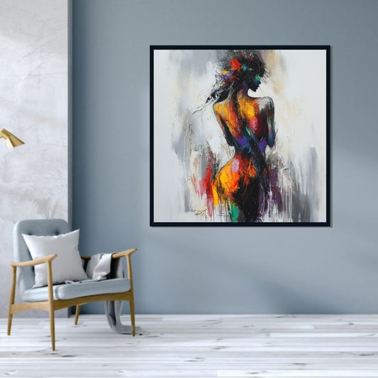 “Rainbow Rhapsody” by ArtixHub – figurative canvas wall art of a woman immersed in a burst of multicolored energy, with vivid tones of pink, teal, yellow, and violet, ideal for studios, dressing rooms, or game rooms. This expressive piece celebrates individuality and bold creativity, perfect for UAE homes with a flair for color and personality.