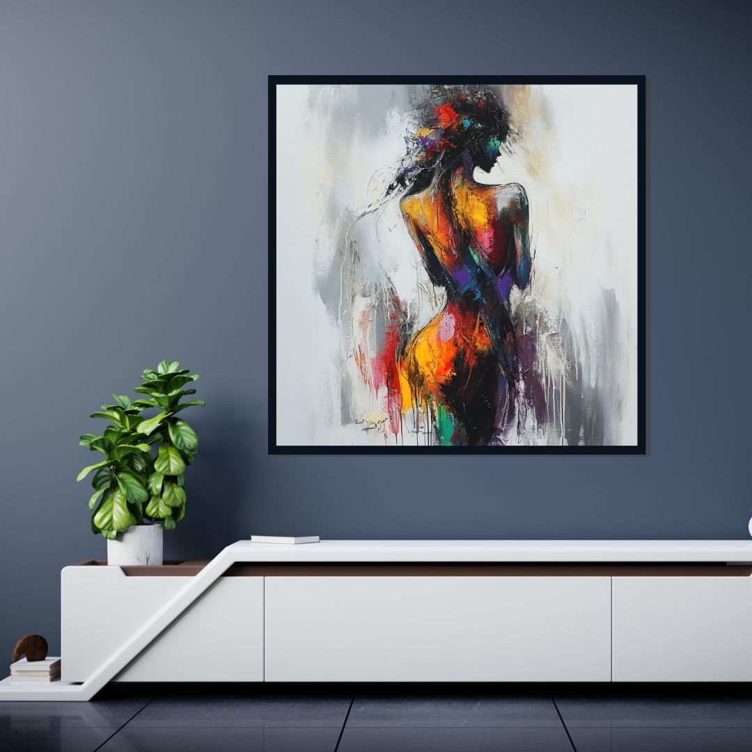 “Rainbow Rhapsody” by ArtixHub – figurative canvas wall art of a woman immersed in a burst of multicolored energy, with vivid tones of pink, teal, yellow, and violet, ideal for studios, dressing rooms, or game rooms. This expressive piece celebrates individuality and bold creativity, perfect for UAE homes with a flair for color and personality.