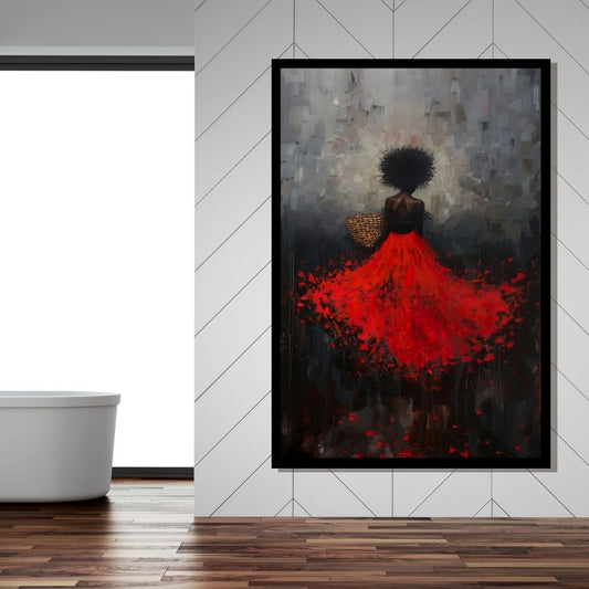 “Red Rapture” by ArtixHub – figurative canvas wall art featuring a woman in a flowing red dress standing in a golden field under warm evening light, ideal for bedrooms, dressing rooms, or reading nooks. This emotive piece radiates freedom, beauty, and stillness — perfect for UAE homes with a poetic and romantic interior palette.