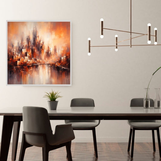 “Scarlet Horizons” by ArtixHub – abstract canvas wall art in deep scarlet, burnt orange, and warm gold hues, evoking a stylized sunset over distant hills, ideal for dining rooms, living rooms, or entryways. This radiant piece adds warmth and depth to UAE homes with a passion for bold yet atmospheric interior accents.
