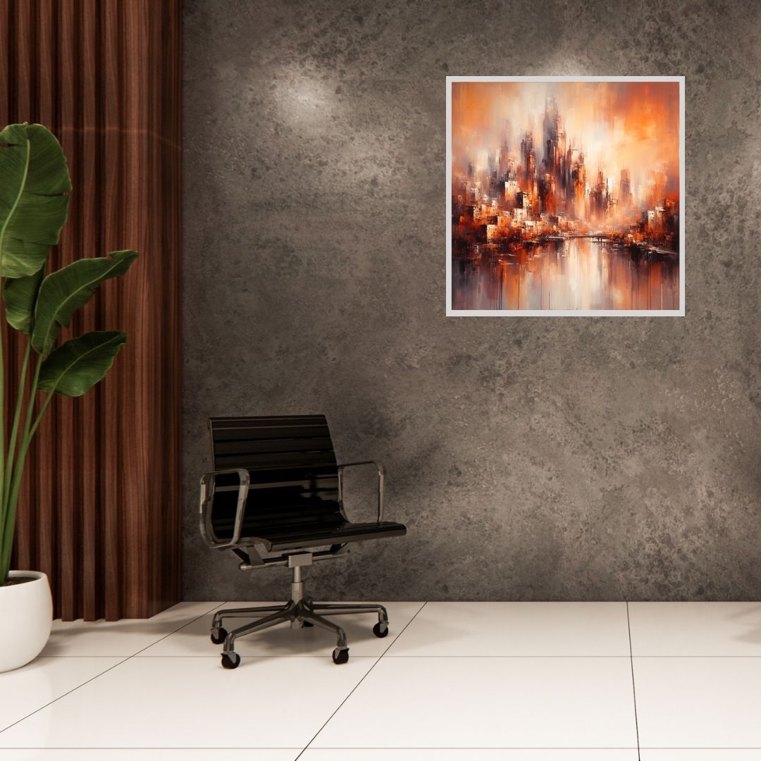 “Scarlet Horizons” by ArtixHub – abstract canvas wall art in deep scarlet, burnt orange, and warm gold hues, evoking a stylized sunset over distant hills, ideal for dining rooms, living rooms, or entryways. This radiant piece adds warmth and depth to UAE homes with a passion for bold yet atmospheric interior accents.