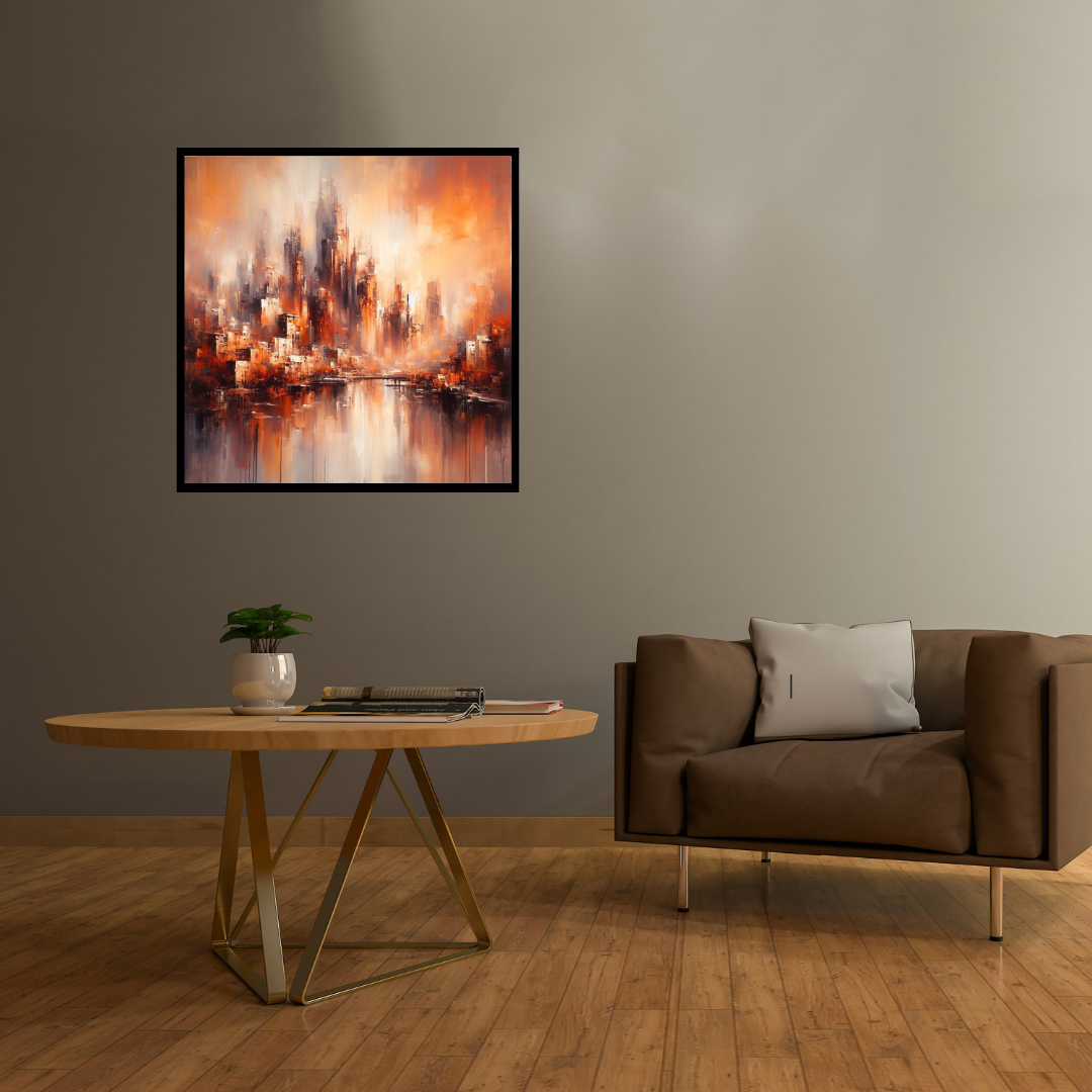 “Scarlet Horizons” by ArtixHub – abstract canvas wall art in deep scarlet, burnt orange, and warm gold hues, evoking a stylized sunset over distant hills, ideal for dining rooms, living rooms, or entryways. This radiant piece adds warmth and depth to UAE homes with a passion for bold yet atmospheric interior accents.