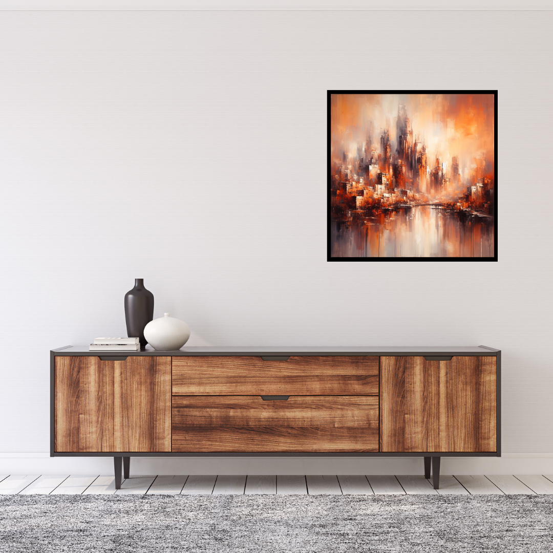 “Scarlet Horizons” by ArtixHub – abstract canvas wall art in deep scarlet, burnt orange, and warm gold hues, evoking a stylized sunset over distant hills, ideal for dining rooms, living rooms, or entryways. This radiant piece adds warmth and depth to UAE homes with a passion for bold yet atmospheric interior accents.