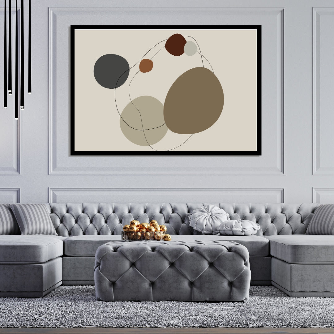 “Sedra” by Clara Moret – abstract minimalist wall art featuring overlapping brown, clay, and charcoal-toned organic shapes outlined with fine black lines on a neutral background.