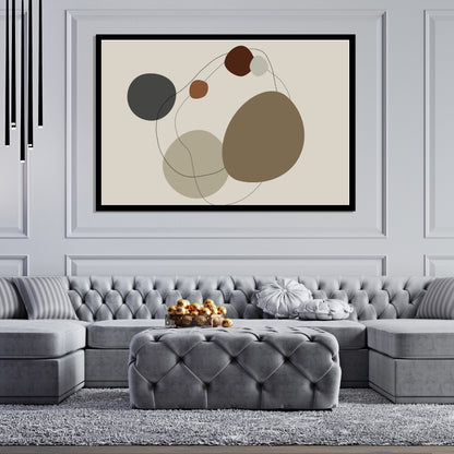 “Sedra” by Clara Moret – abstract minimalist wall art featuring overlapping brown, clay, and charcoal-toned organic shapes outlined with fine black lines on a neutral background.
