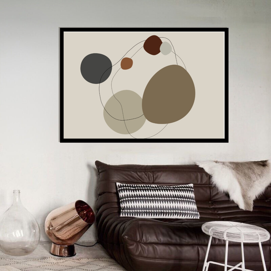 “Sedra” by Clara Moret – abstract minimalist wall art featuring overlapping brown, clay, and charcoal-toned organic shapes outlined with fine black lines on a neutral background.
