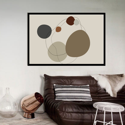 “Sedra” by Clara Moret – abstract minimalist wall art featuring overlapping brown, clay, and charcoal-toned organic shapes outlined with fine black lines on a neutral background.