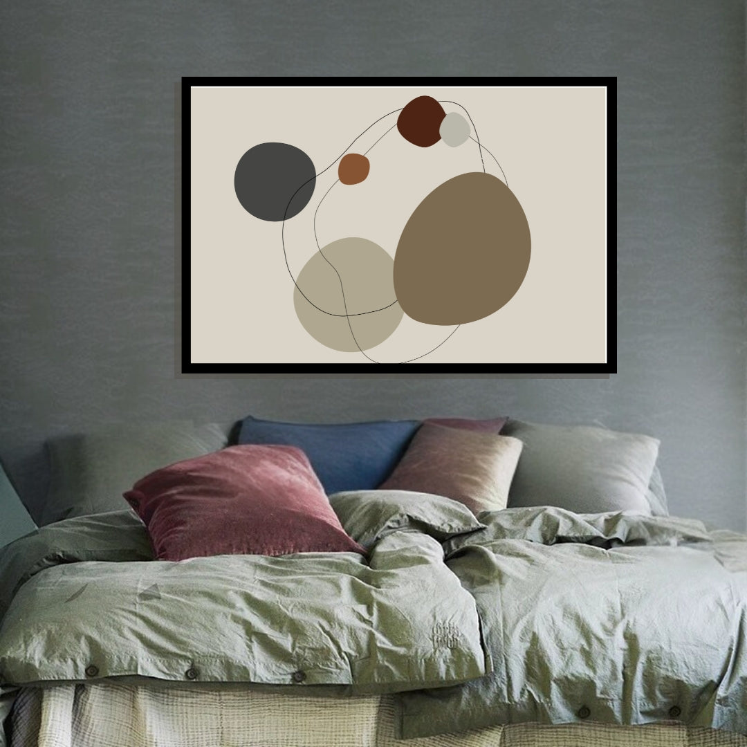 “Sedra” by Clara Moret – abstract minimalist wall art featuring overlapping brown, clay, and charcoal-toned organic shapes outlined with fine black lines on a neutral background.
