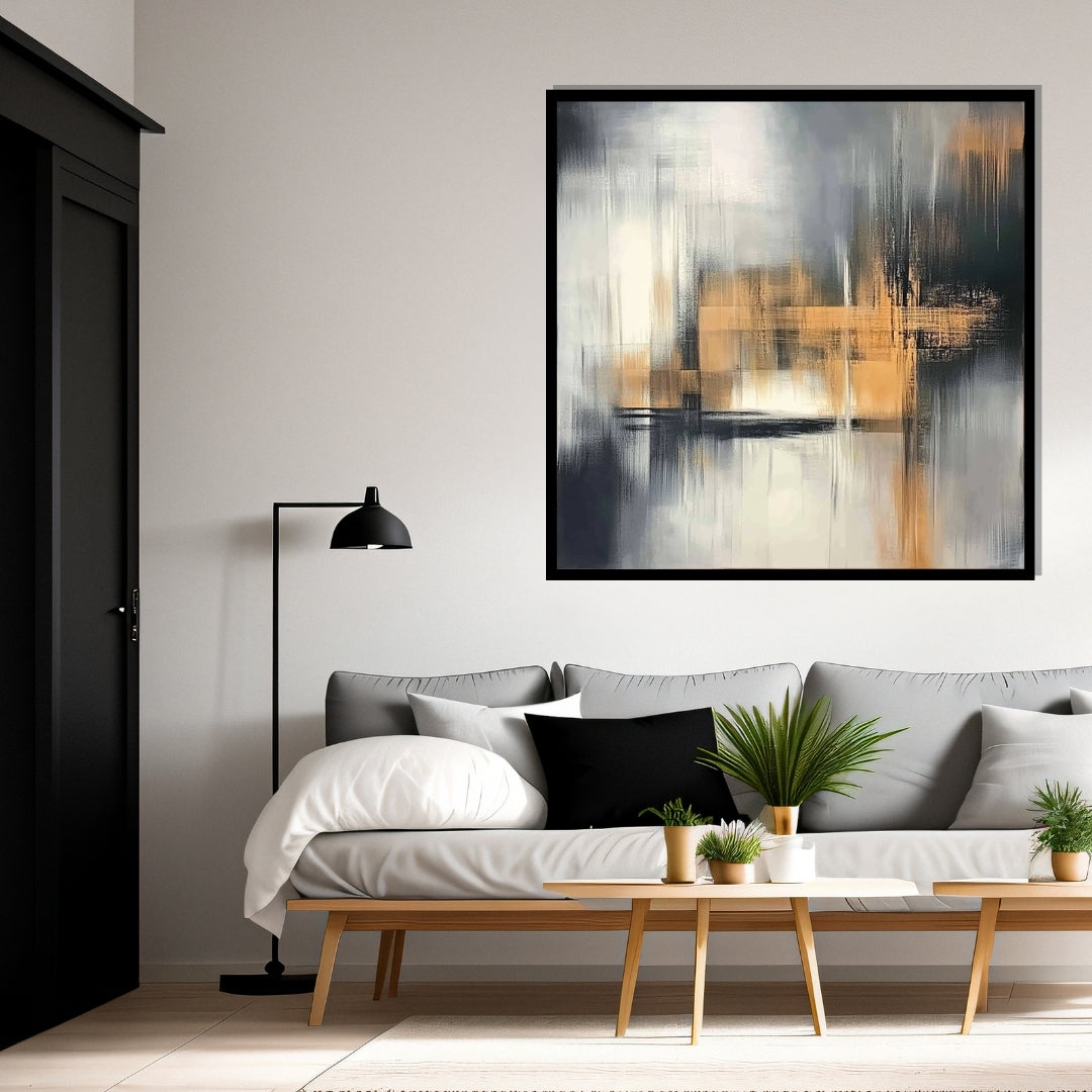 “Shade Shift” by Sarah Lemaire – abstract painting in ochre, charcoal, and white tones depicting structured light and shadow movement in a modern minimalist style.