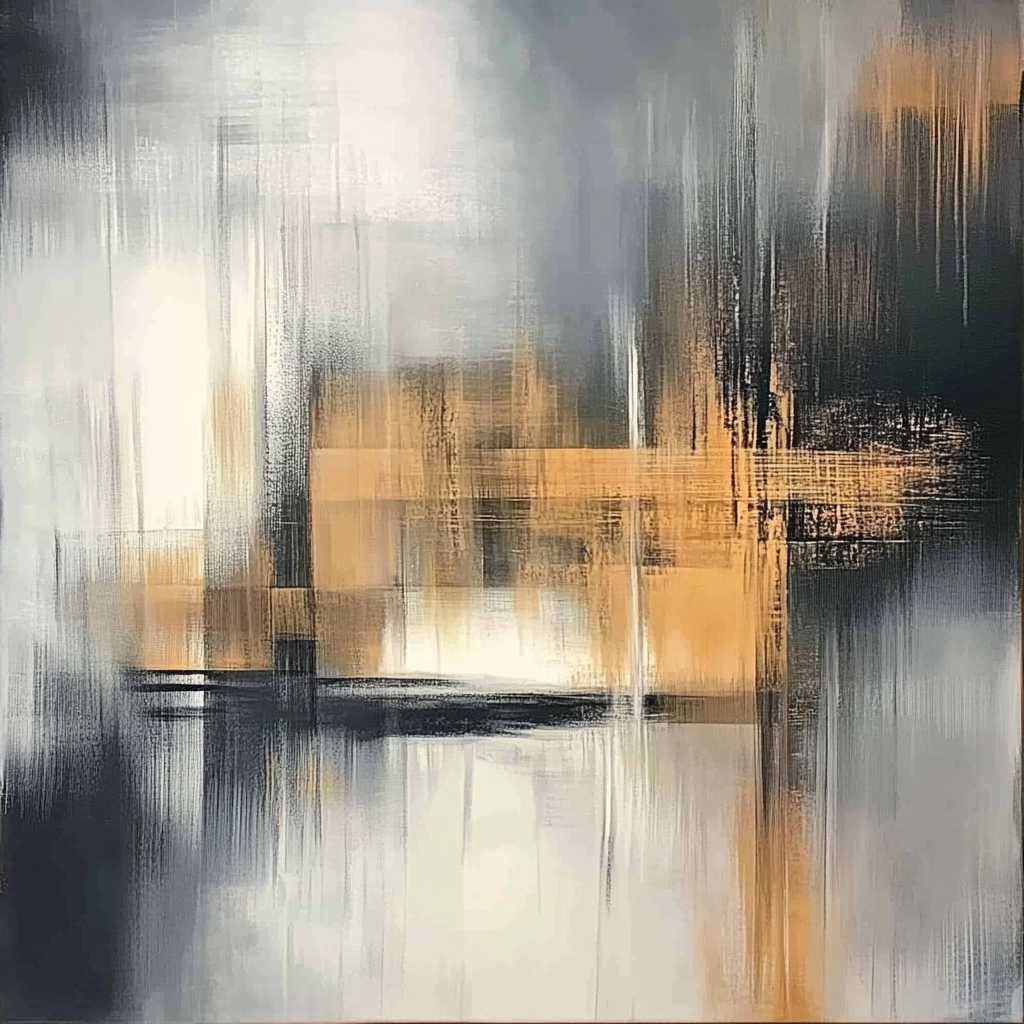 “Shade Shift” by Sarah Lemaire – abstract painting in ochre, charcoal, and white tones depicting structured light and shadow movement in a modern minimalist style.