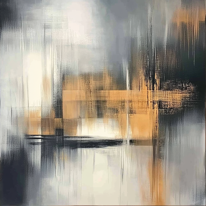 “Shade Shift” by Sarah Lemaire – abstract painting in ochre, charcoal, and white tones depicting structured light and shadow movement in a modern minimalist style.