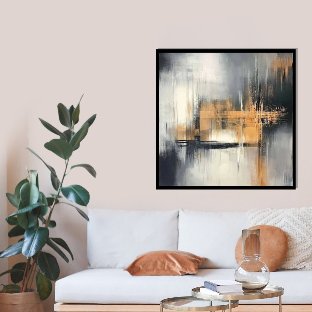 “Shade Shift” by Sarah Lemaire – abstract painting in ochre, charcoal, and white tones depicting structured light and shadow movement in a modern minimalist style.