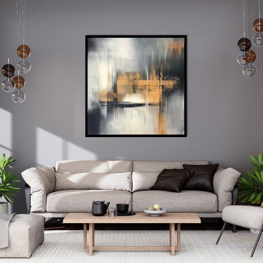 “Shade Shift” by Sarah Lemaire – abstract painting in ochre, charcoal, and white tones depicting structured light and shadow movement in a modern minimalist style.