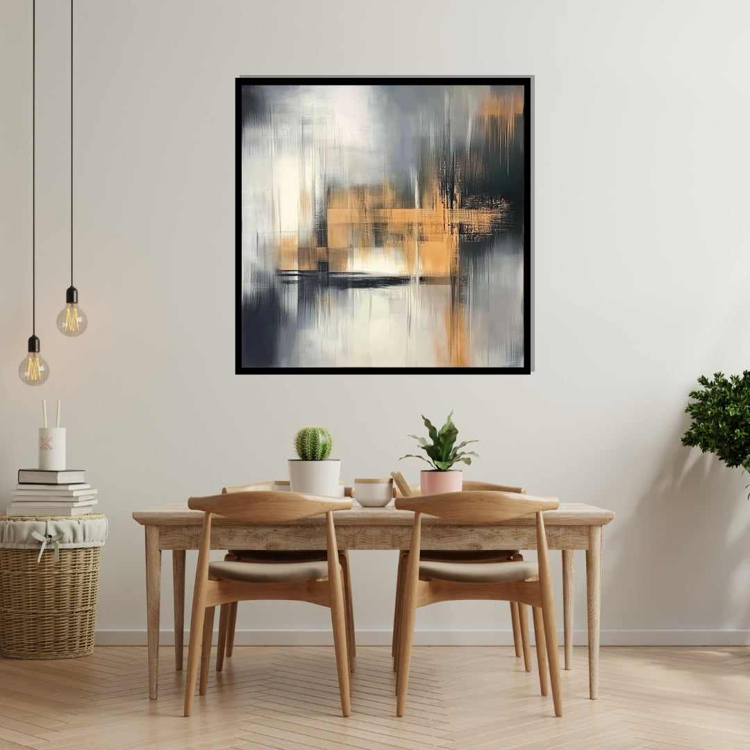 “Shade Shift” by Sarah Lemaire – abstract painting in ochre, charcoal, and white tones depicting structured light and shadow movement in a modern minimalist style.